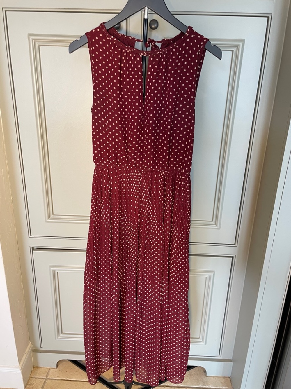 Maison Jules Burgundy Polka Dot Pleated Midi Dress Feminine Coquette-Medium